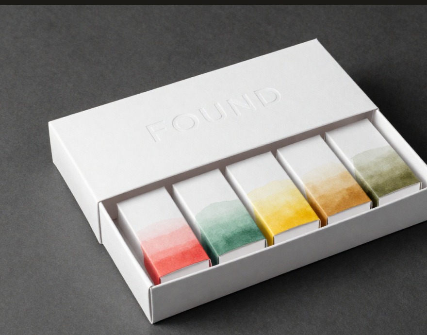FOUND sampler pack — five watercolor-wrapped candy boxes nested inside a debossed white shell.